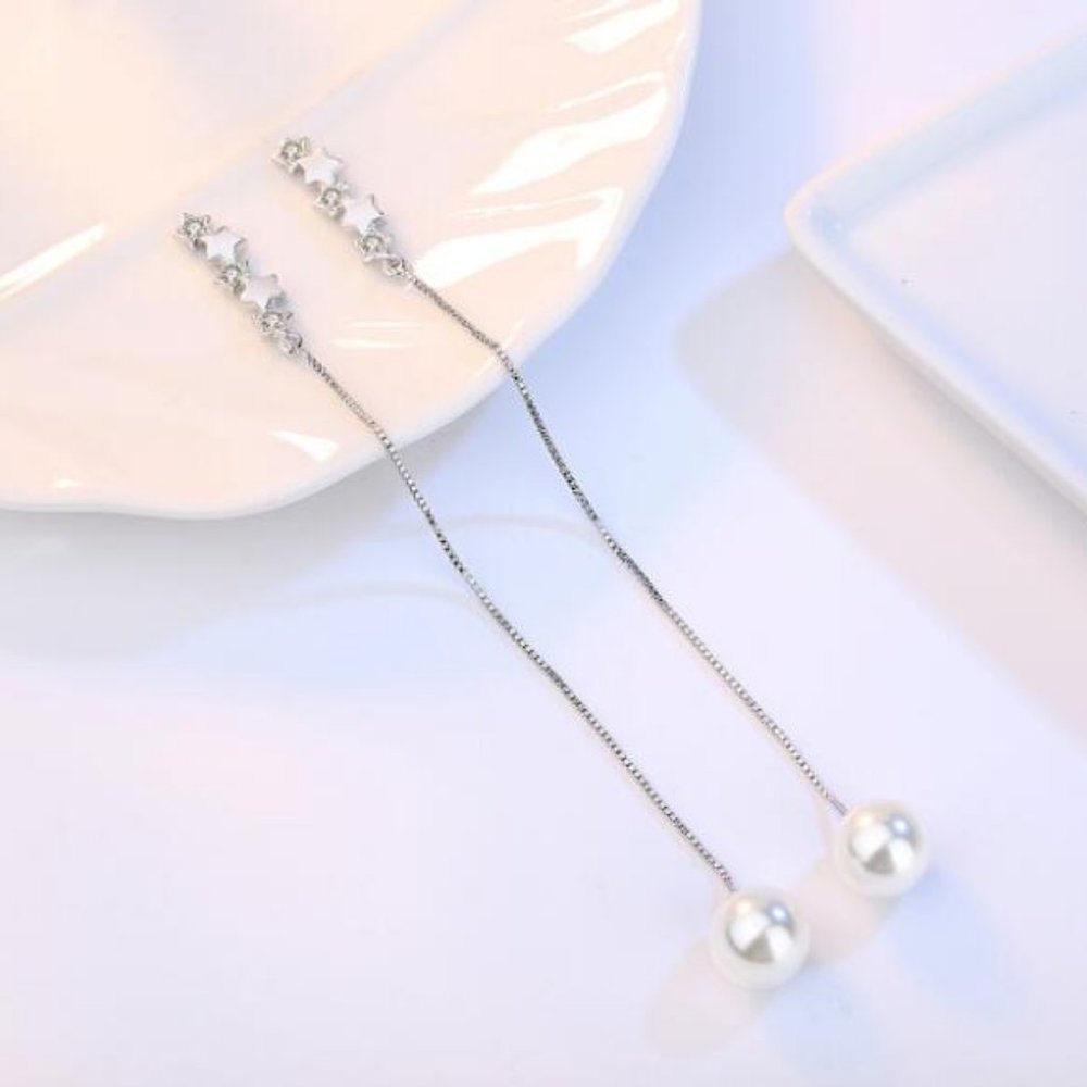 925 Sterling Silver Diamond Star Pearl Earrings - Picture 4 of 8